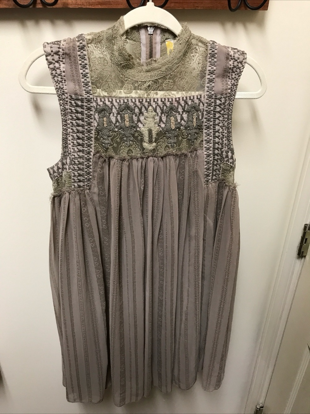 Free People Taupe and Olive Embroidered Mini Dress